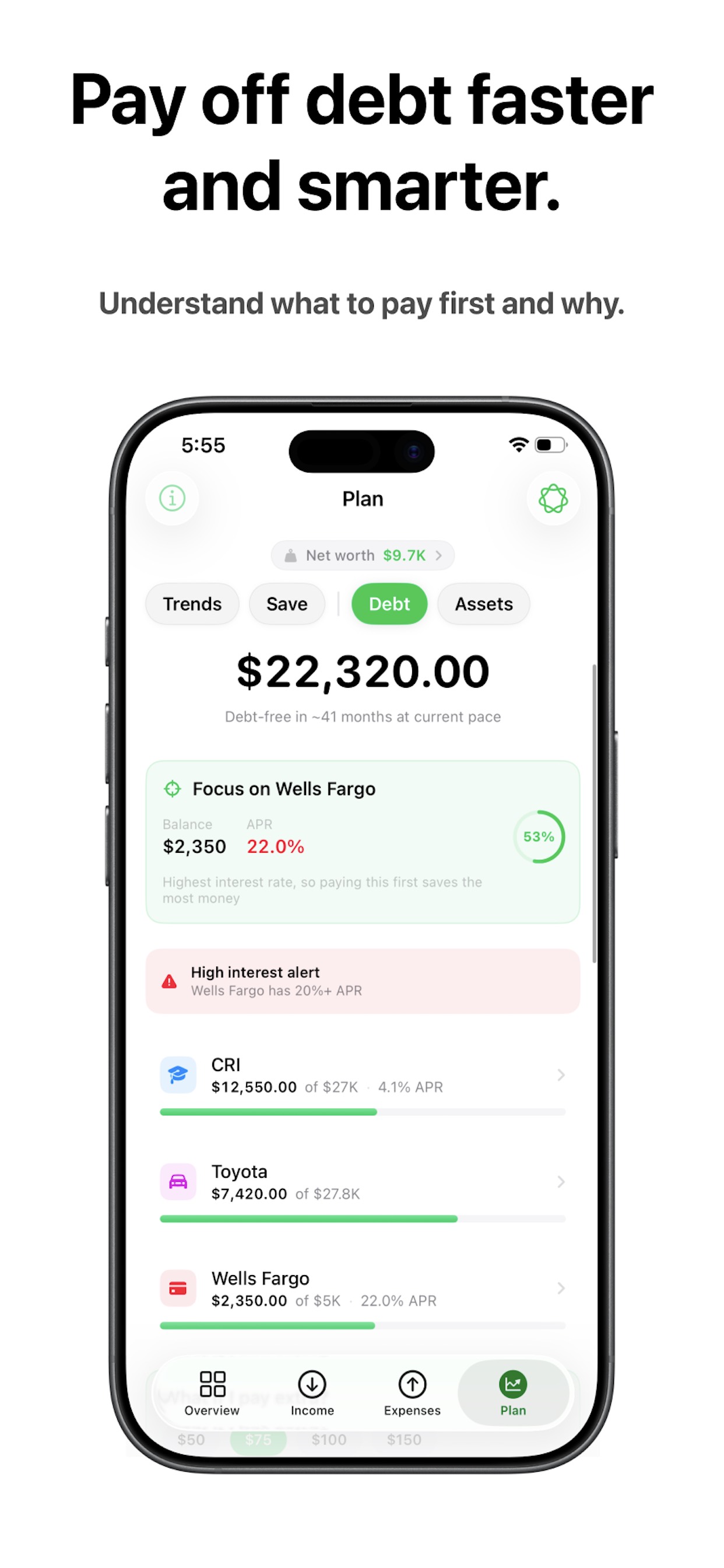 Pay off debt faster and smarter. Understand what to pay first and why. The Plan screen's Debt tab: $22,320.00 total, debt-free in about 41 months at the current pace, and a recommendation to focus on the Wells Fargo card because its 22.0% APR is the highest.