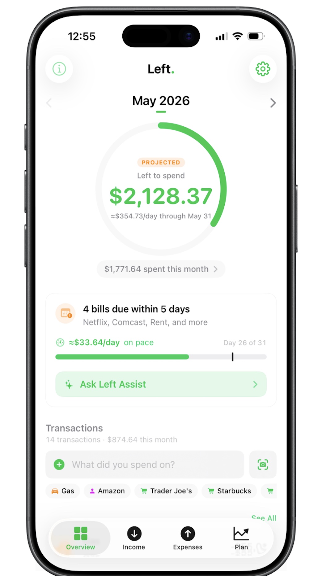 Left. Overview screen showing $2,128.37 left to spend